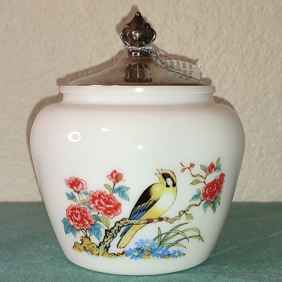 Avon Sugar Jar Vintage Silver Plated Lid Bird Flowers Design boho Bohemian old - Picture 1 of 10